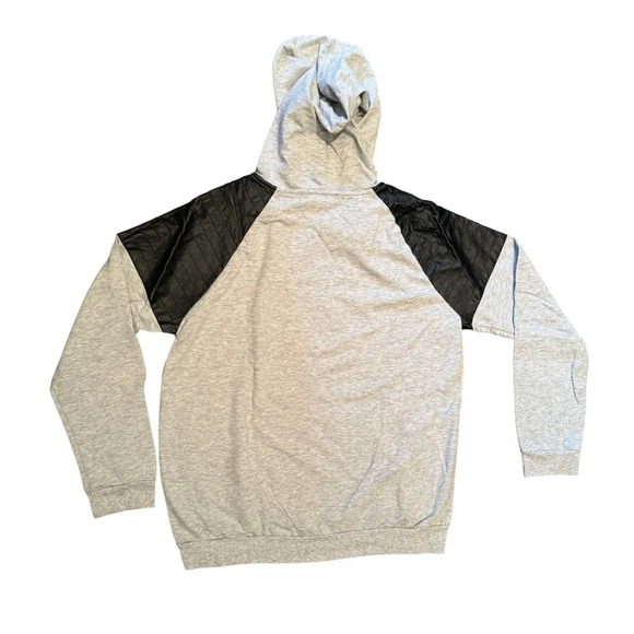 Forever 21 Faux Leather Quilted Shoulder 80s Style Hoodie Grey Black Women's L - Picture 2 of 10